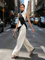 Asymmetric Geometric Color-Block Top & Wide-Leg Pants Set