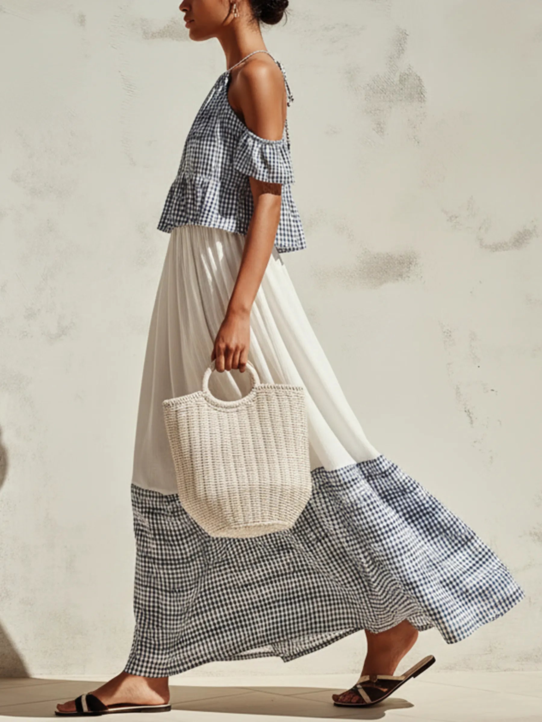 Blue & White Gingham Halter Cold-Shoulder Tiered Maxi Dress