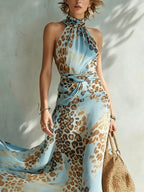 Blue Leopard Print Chiffon Maxi Dress