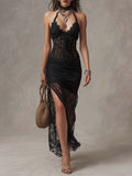 Bohemian Retro Gothic Halter Lace Ruched Sheer Maxi Dress