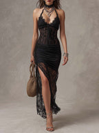 Bohemian Retro Gothic Halter Lace Ruched Sheer Maxi Dress