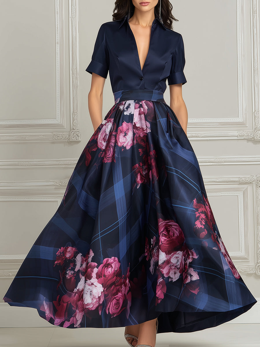 Deep V-Neck Floral Print A-Line Midi Dress