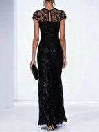 Black 3D Floral Lace Sequin Crew Neck Short Sleeve Sheath Maxi Dress