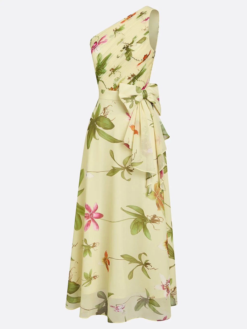 Yellow Floral Bow Chiffon One Shoulder Sleeveless A-Line Maxi Dress