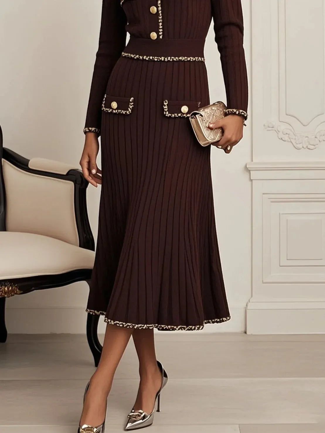 Red Brown Piping Buckle Sweater Lapel Collar Long Sleeve A-Line Midi Dress