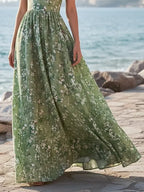 Maxi Linen Dress, Sleeveless, V Neck, Floral, Lace, Vacation, Vintage, Green