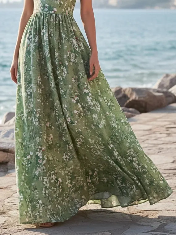 Maxi Linen Dress, Sleeveless, V Neck, Floral, Lace, Vacation, Vintage, Green