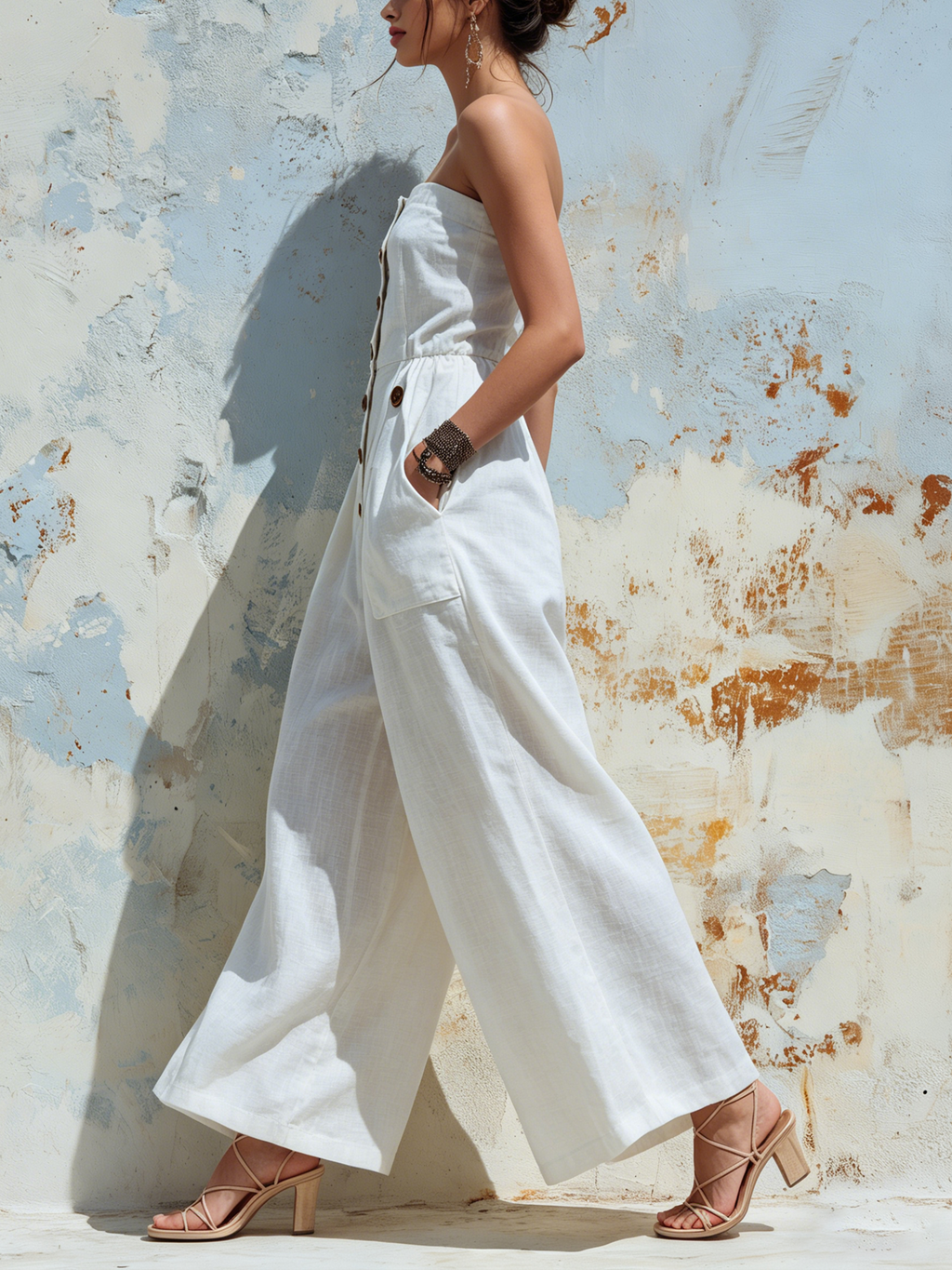 Strapless Linen Wide-Leg Jumpsuit With Button Detail & Pockets
