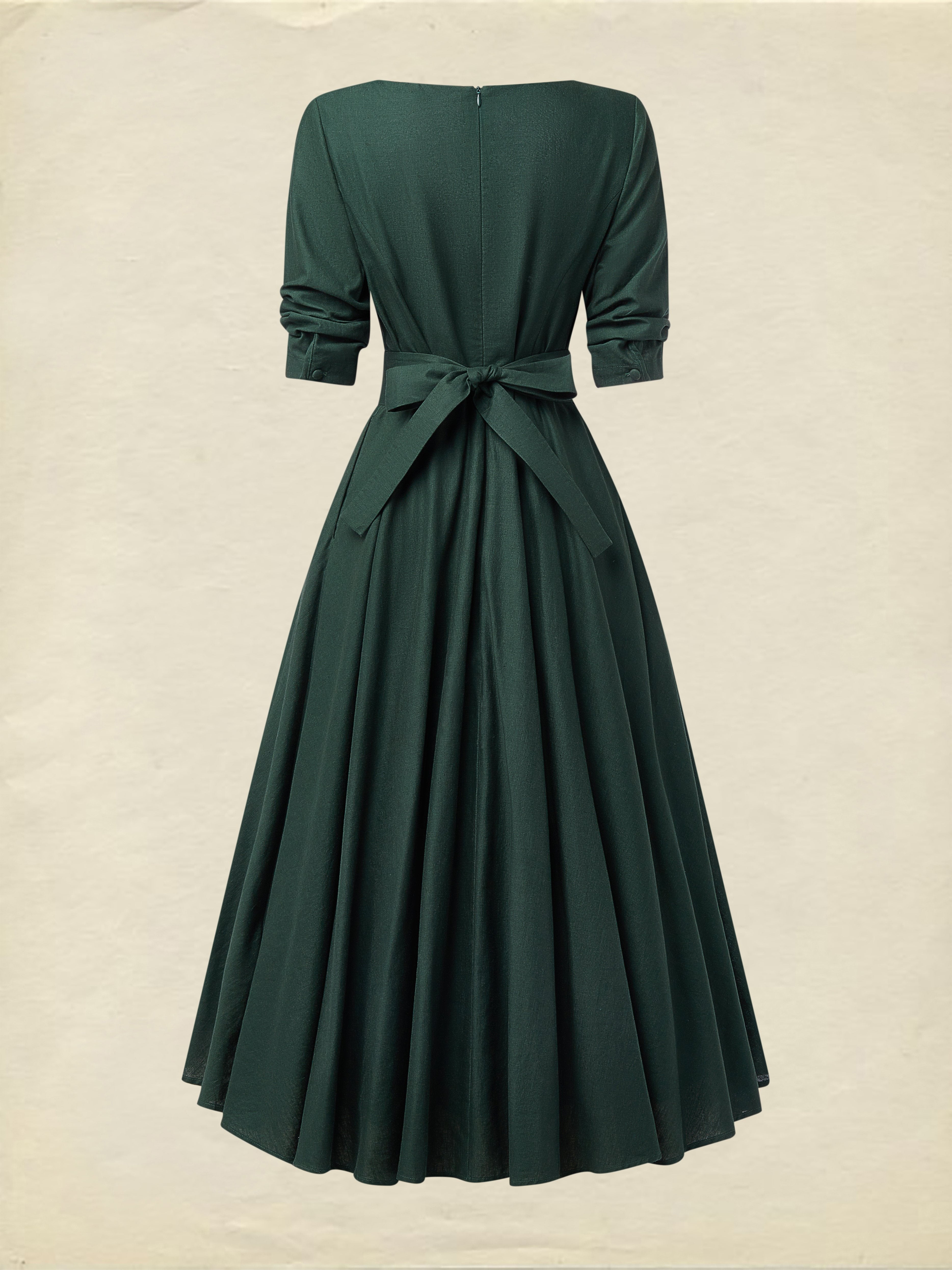 Midi Linen Dress , Half Sleeve, Sweetheart Neck, Plain, Vintage, Deep Green