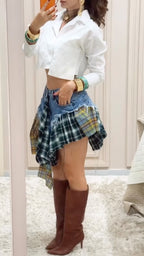 White Crop Shirt & Asymmetric Plaid Patchwork Denim Skirt Set