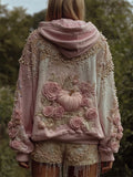 Vintage Thanksgiving Pink Pumpkin & Roses Beaded Dyed Hoodie