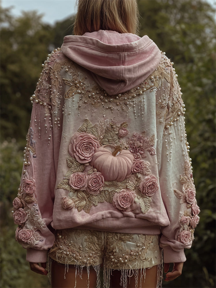 Vintage Thanksgiving Pink Pumpkin & Roses Beaded Dyed Hoodie