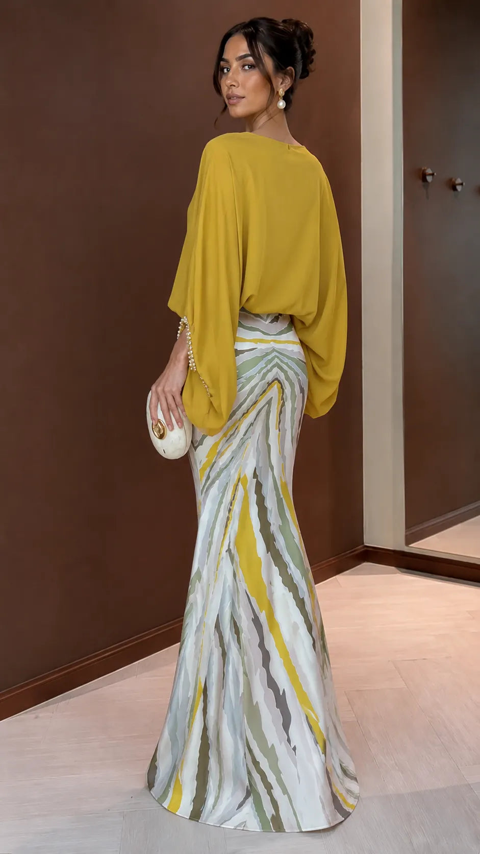 Mustard Batwing Blouse & Printed Satin Mermaid Maxi Skirt Set