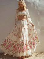Vintage Boho Roses Art Pattern Flowy Linen Skirt