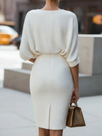 White Textured Knit Pencil Dress With Draped Waist
