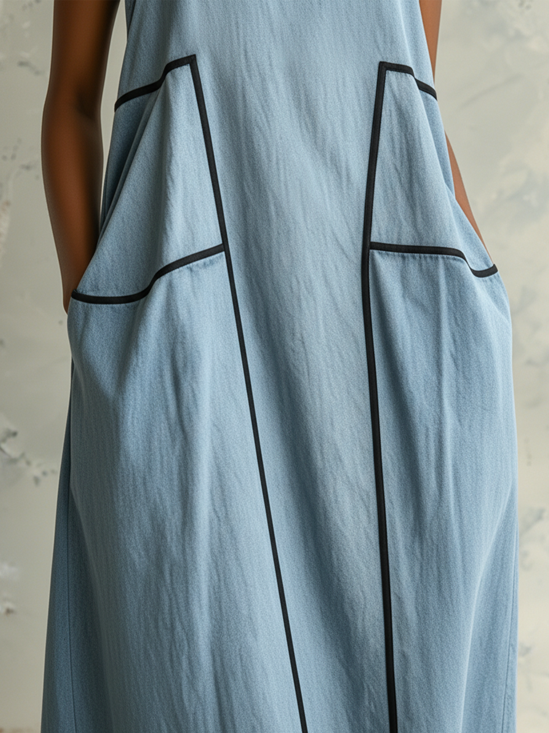 Light Blue Denim Contrast Trim Cami Maxi Dress