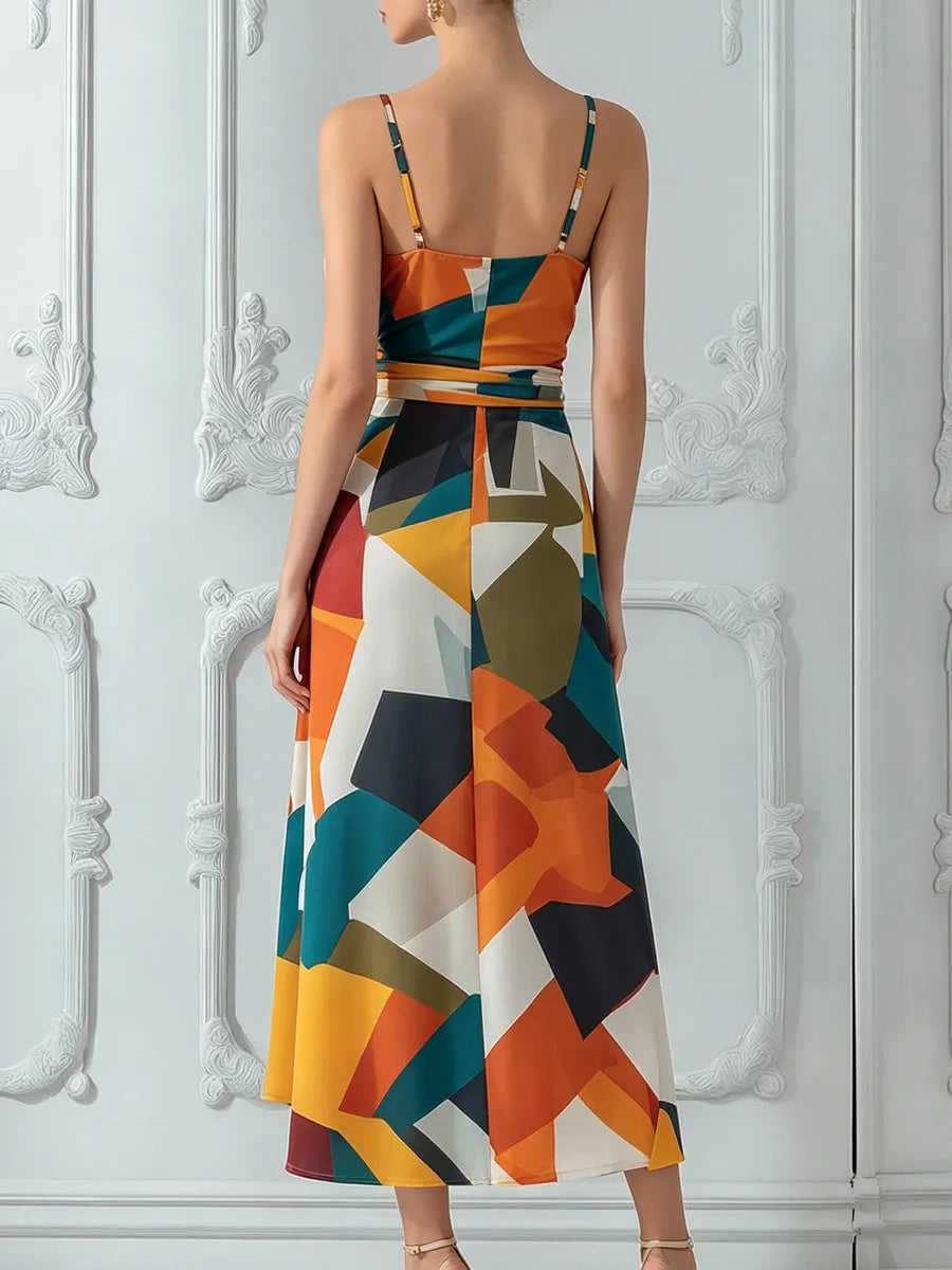 Color Block Abstract Print Wrap Midi Dress