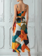 Color Block Abstract Print Wrap Midi Dress
