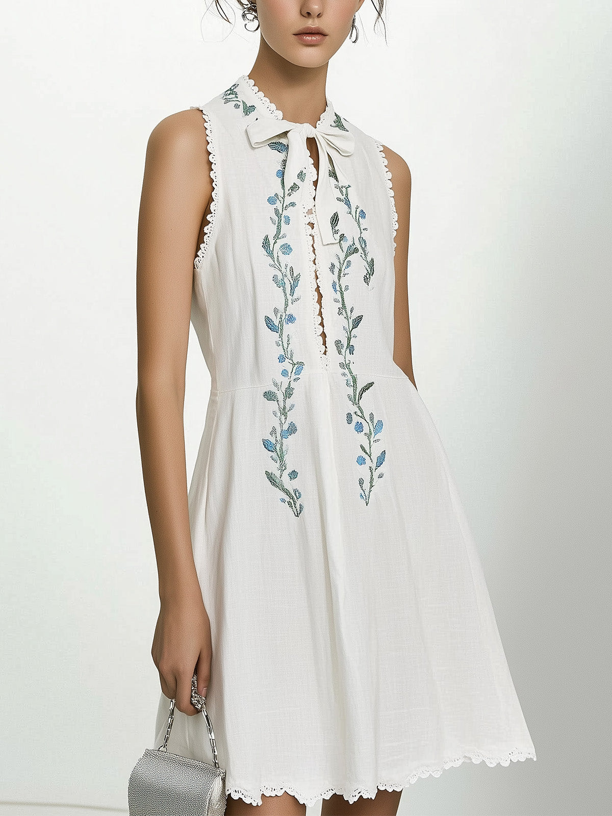 White Sleeveless Linen Dress with Embroidered Front