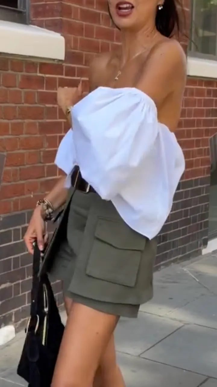 Off Shoulder Puff Sleeve Blouse & Olive Cargo Skort Outfit
