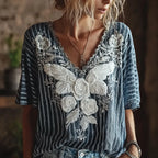 Butterfly Flower Embroidery Patchwork Striped Design Women's Summer Linen T-shirt