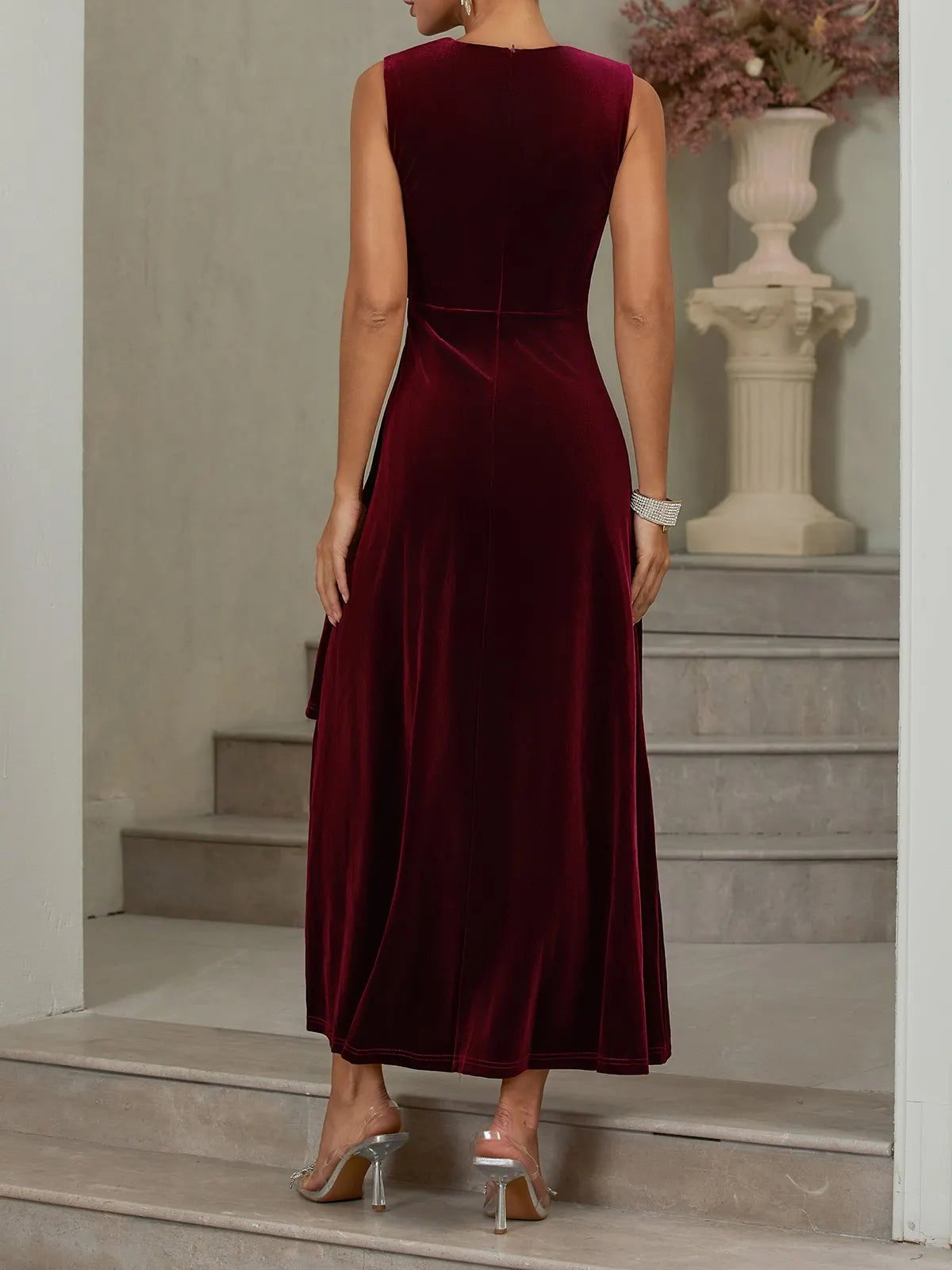 Wine Red Rhinestone Ruched Velvet V Neck Sleeveless A-Line Midi Dress