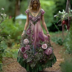 Women's Vintage Floral Embroidered Linen Blend V-neck Long Dress