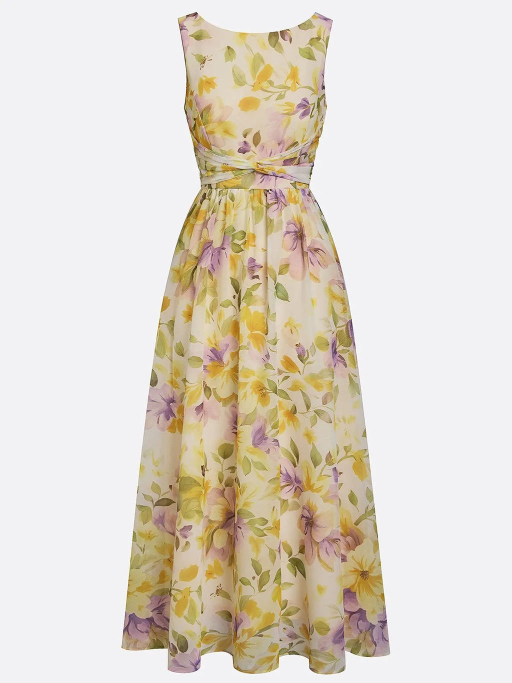 Yellow Floral Ruched Chiffon Boat Neck Sleeveless A-Line Maxi Dress