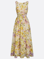 Yellow Floral Ruched Chiffon Boat Neck Sleeveless A-Line Maxi Dress
