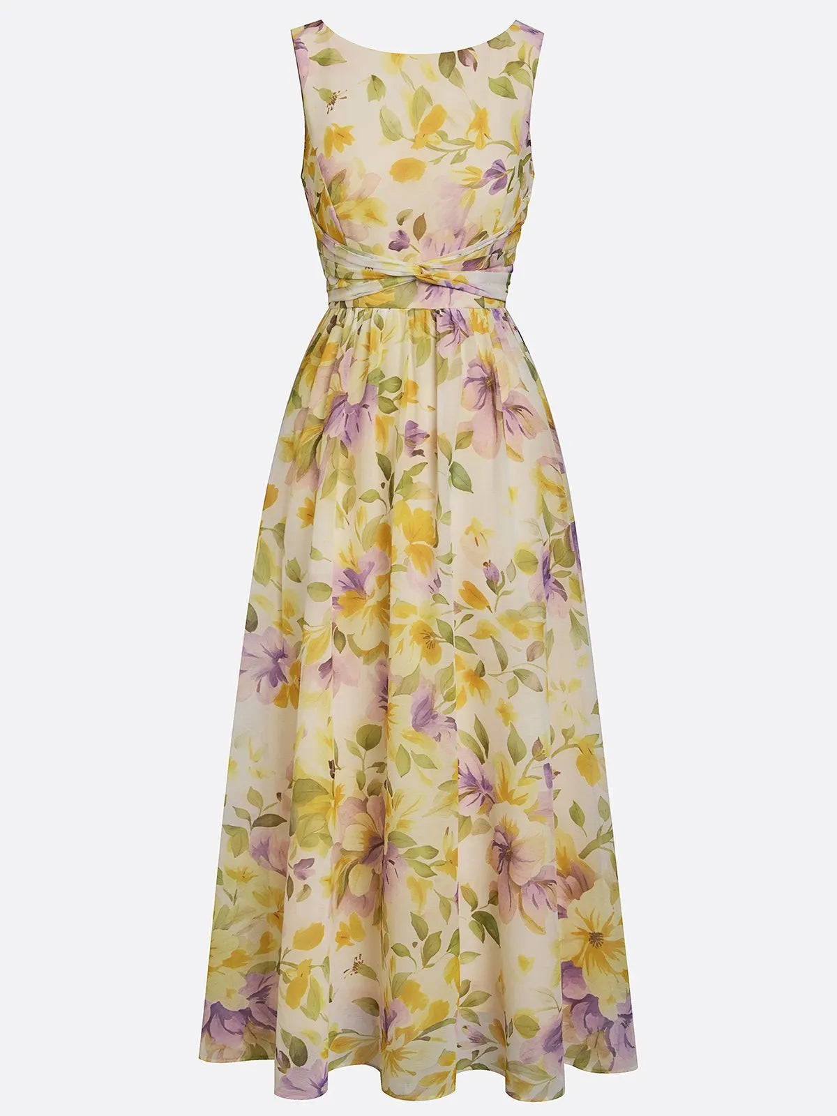 Yellow Floral Ruched Chiffon Boat Neck Sleeveless A-Line Maxi Dress