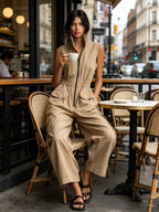 Beige Cotton Twill Sleeveless Utility Cargo Jumpsuit