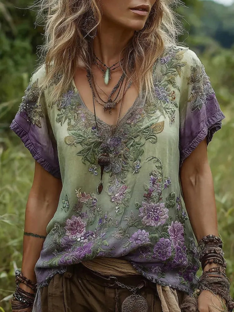 Vintage Flower Embroidery V-neck Short Sleeve Linen T-shirt