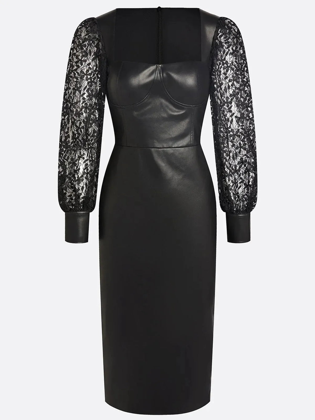 Black Lace Faux Leather Square Neck Long Sleeve Balloon Sleeve Sheath Midi Dress