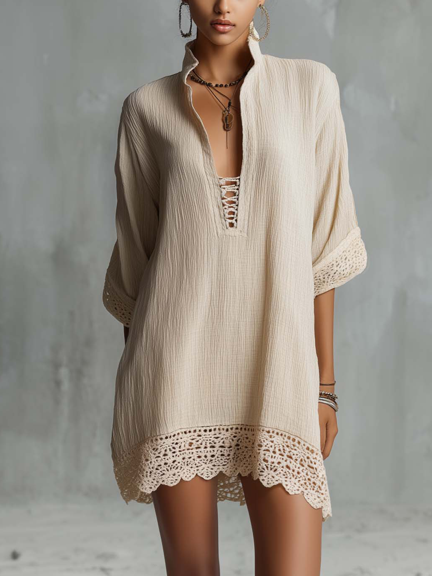 Beige Lace Trim Tie Neck Mini Dress With Stand Collar
