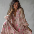Boho Pink Roses Floral Glitter Embroidered Linen Maxi Dress