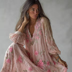 Boho Pink Roses Floral Glitter Embroidered Linen Maxi Dress