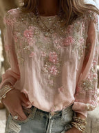 Women's Vintage Pink Flower Embroidery Art Print Round Neck Long Sleeve T-shirt