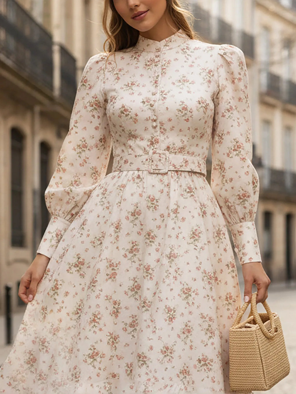 Midi Linen Dress, Long Sleeves, Stand Collar, Floral, Button Design, Vacation, Vintage, Pink