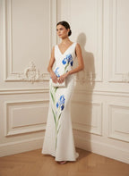 White Floral Classic V Neck Sleeveless A-Line Gown Dress