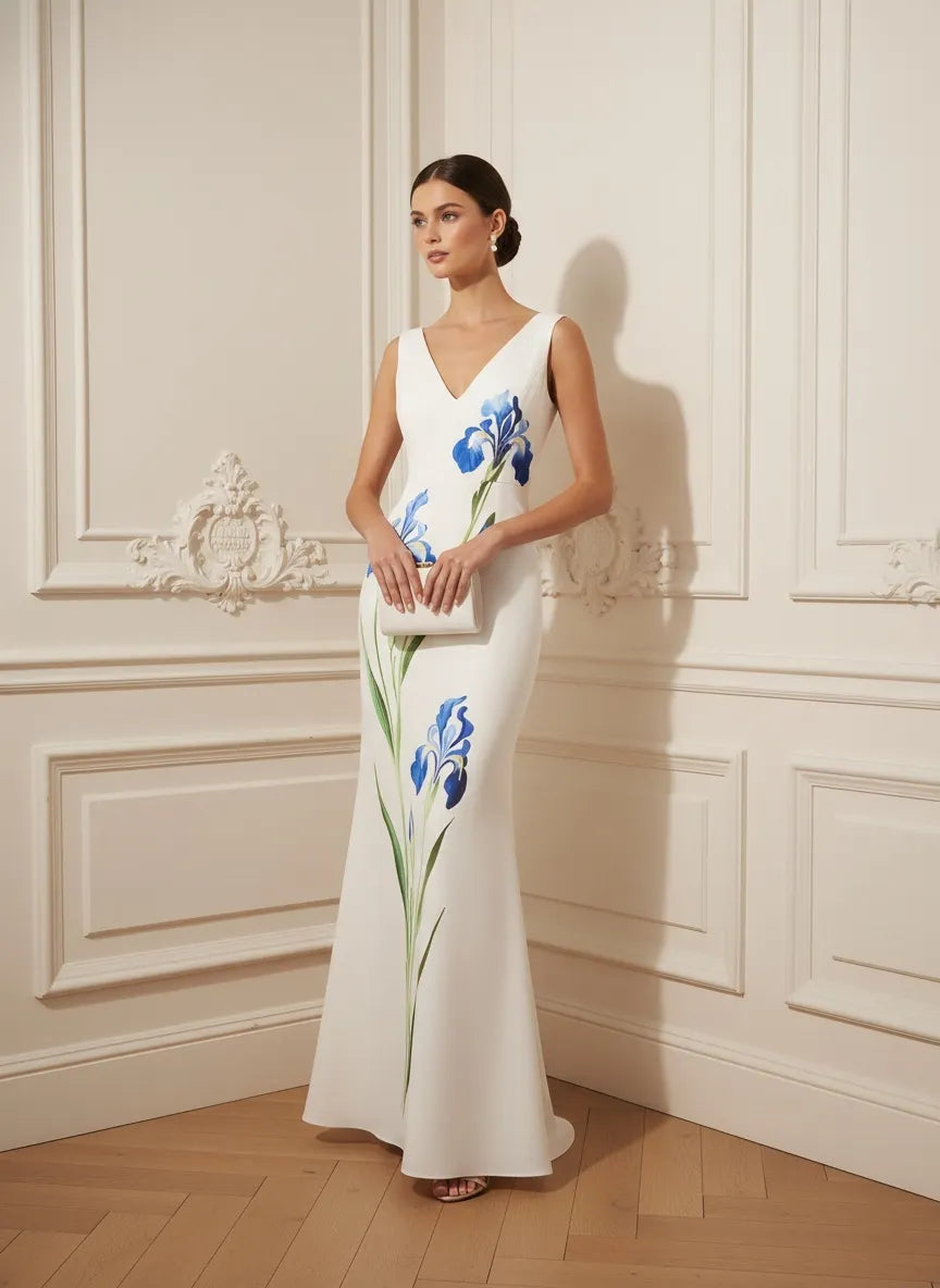 White Floral Classic V Neck Sleeveless A-Line Gown Dress