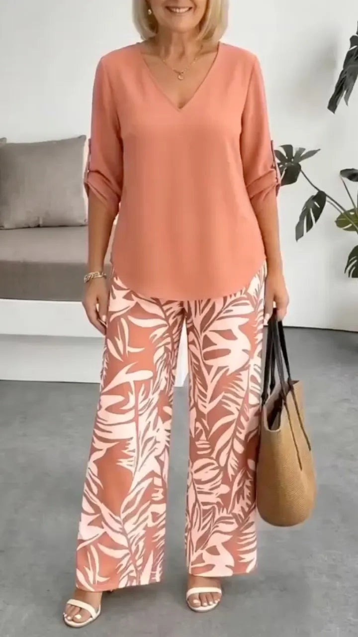 V Neck Top & Tropical Leaf Print Wide Leg Pant Two Piece