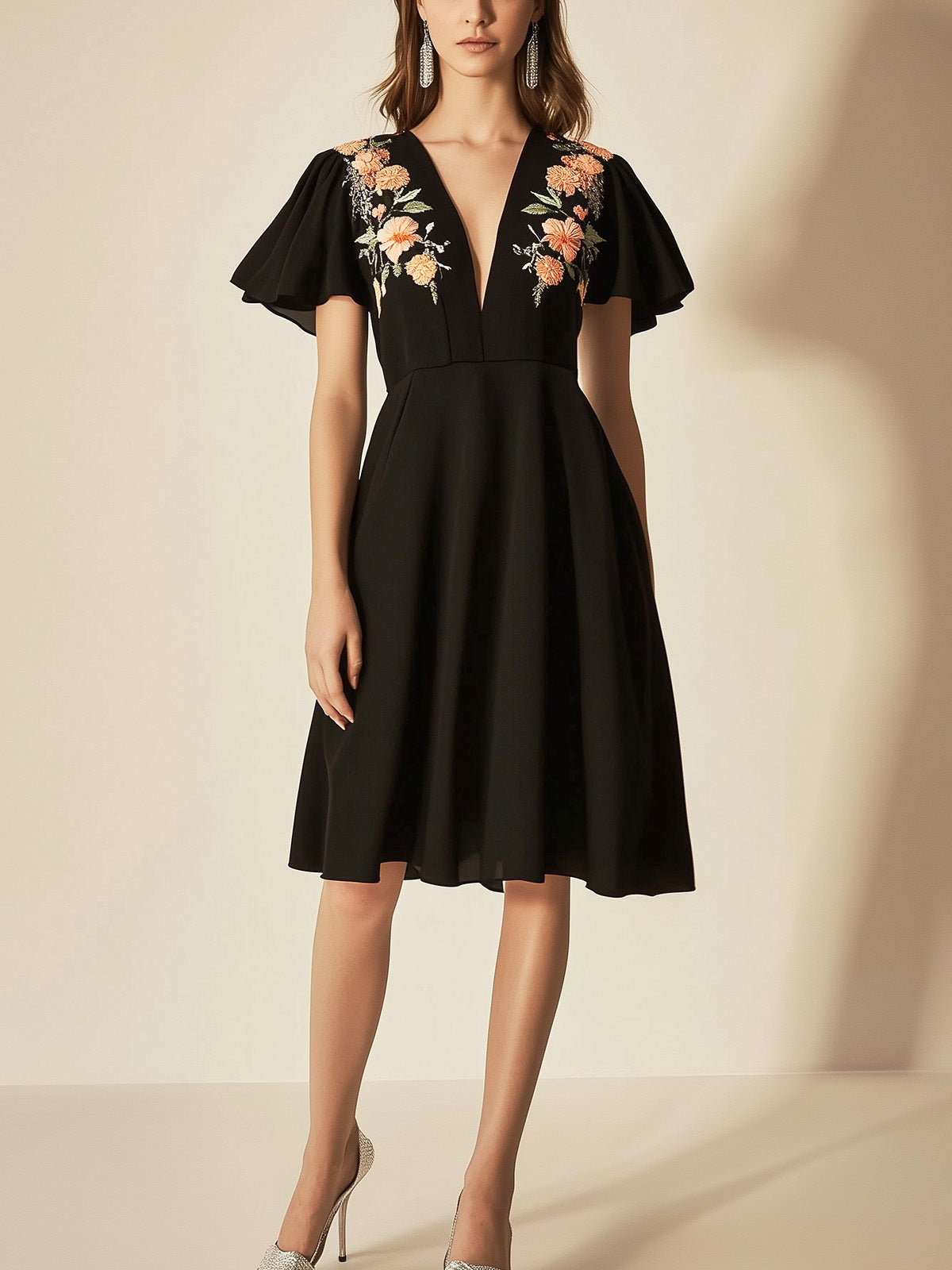 Elegant Black Chiffon Dress with Shoulder Embroidery