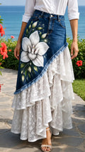 Denim Lace Overlay Maxi Skirt