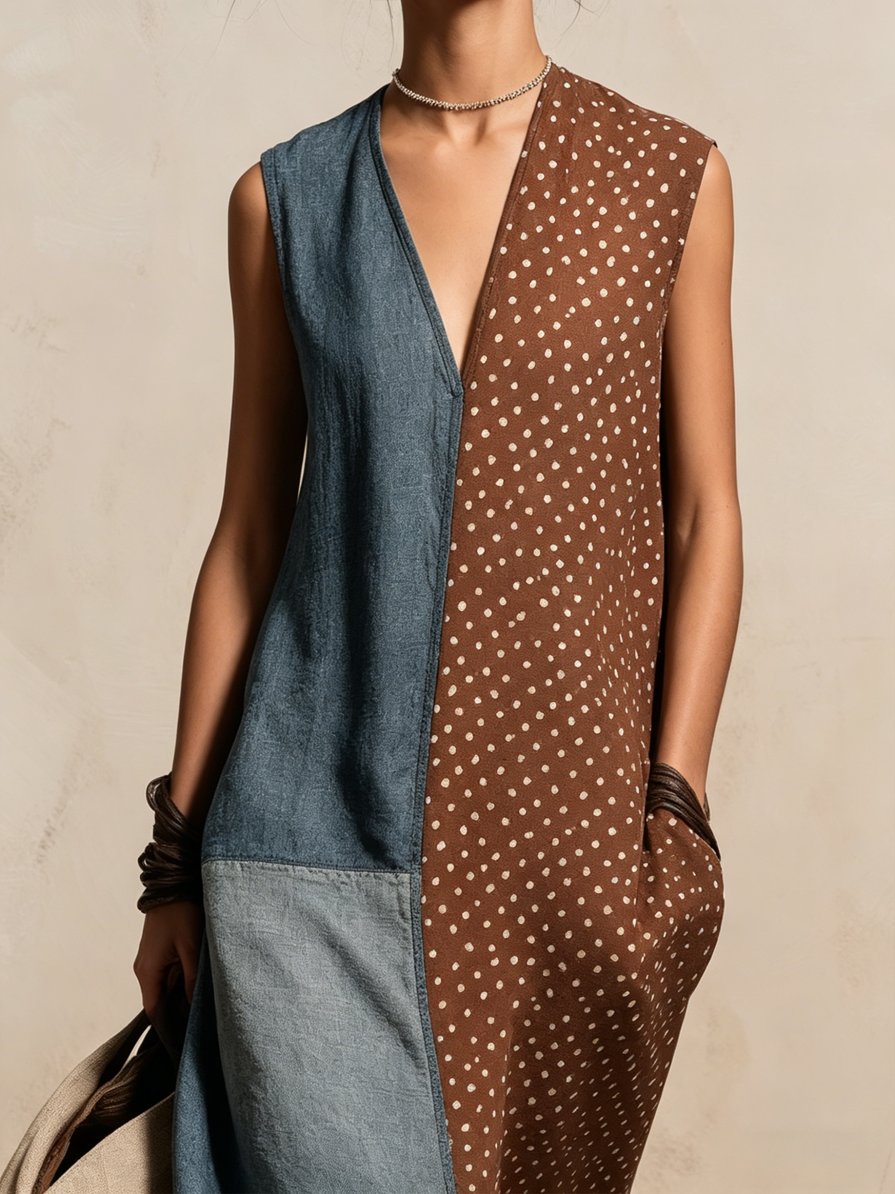 Patchwork Polka Dot Denim Linen-Blend Sleeveless Maxi Dress