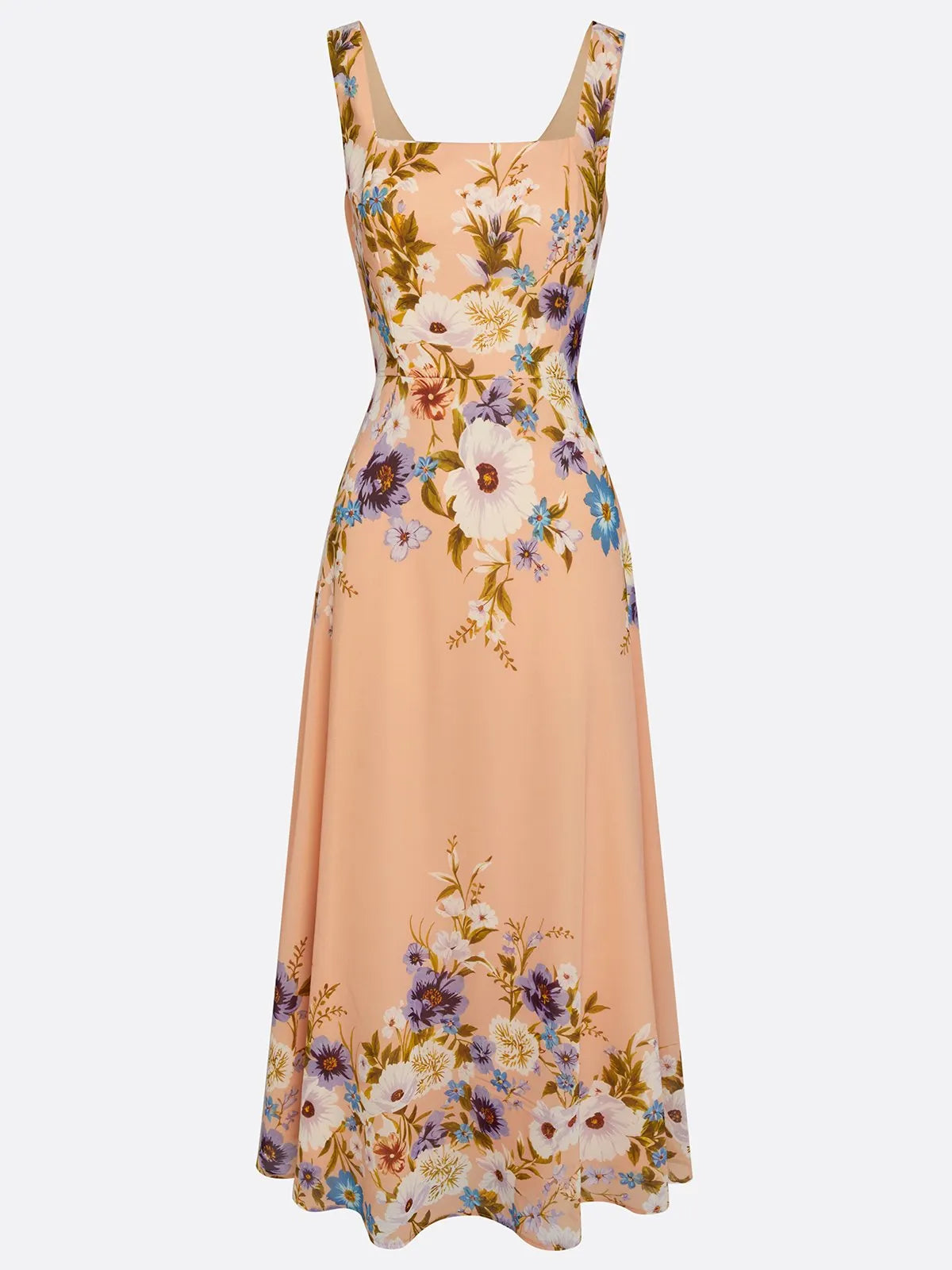 Apricot Floral Chiffon Square Neck Sleeveless A-Line Maxi Dress