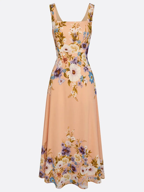 Apricot Floral Chiffon Square Neck Sleeveless A-Line Maxi Dress