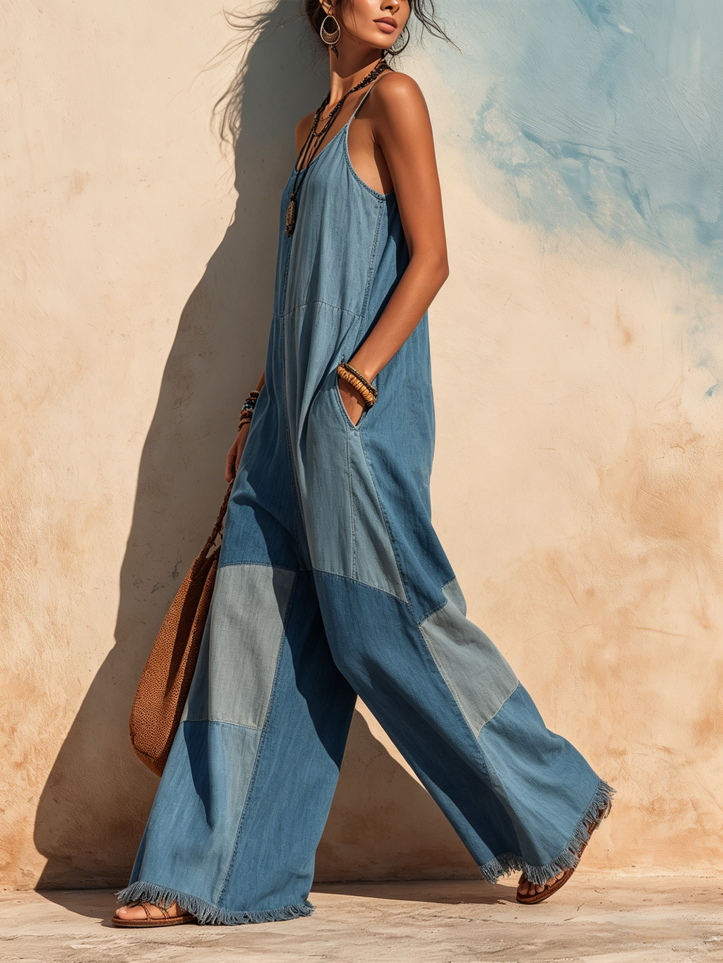 Patchwork Tencel Denim Cami Jumpsuit With Fringe Hem