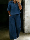Women’s Retro Casual Denim Loose Shirt And Wide-leg Pants Set.