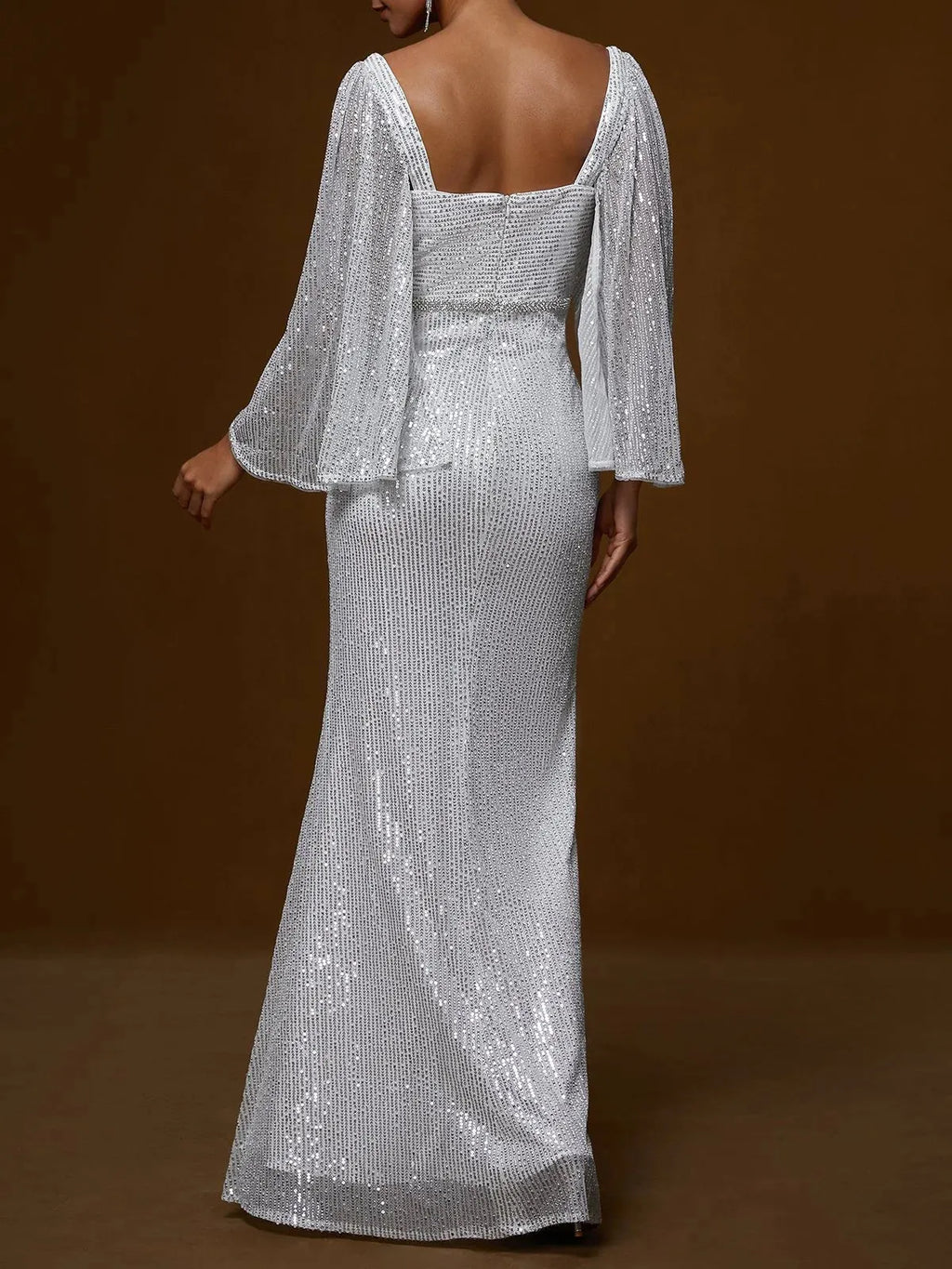 Silver Rhinestone Sequin Square Neck Three Quarter Sleeve Sheath Gown Dress