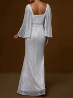 Silver Rhinestone Sequin Square Neck Three Quarter Sleeve Sheath Gown Dress